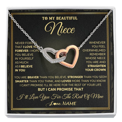 Interlocking Hearts Necklace Stainless Steel & Rose Gold Finish | 1 | Personalized To My Beautiful Niece Necklace From Aunt Auntie I Love You Jewelry Gifts For Niece Birthday Graduation Christmas Customized Gift Box Message Card | siriusteestore