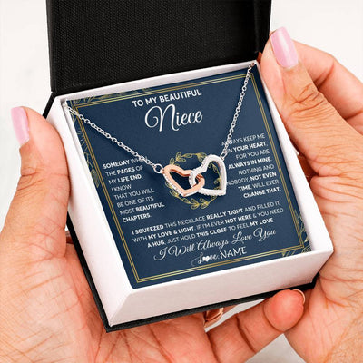 Interlocking Hearts Necklace Stainless Steel & Rose Gold Finish | Personalized To My Beautiful Niece Necklace From Aunt Auntie Uncle Someday Niece Birthday Christmas Jewelry Charm Present Customized Gift Box Message Card | siriusteestore