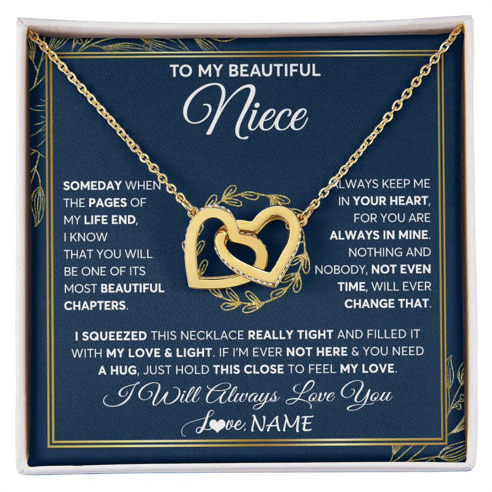Interlocking Hearts Necklace 18K Yellow Gold Finish | Personalized To My Beautiful Niece Necklace From Aunt Auntie Uncle Someday Niece Birthday Christmas Jewelry Charm Present Customized Gift Box Message Card | siriusteestore