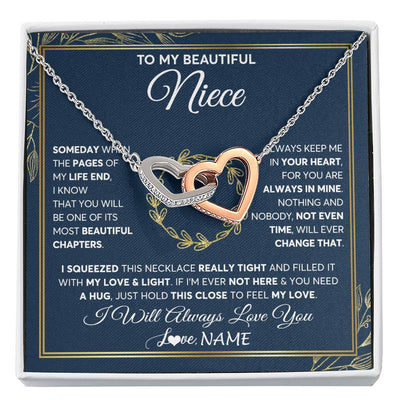 Interlocking Hearts Necklace Stainless Steel & Rose Gold Finish | Personalized To My Beautiful Niece Necklace From Aunt Auntie Uncle Someday Niece Birthday Christmas Jewelry Charm Present Customized Gift Box Message Card | siriusteestore