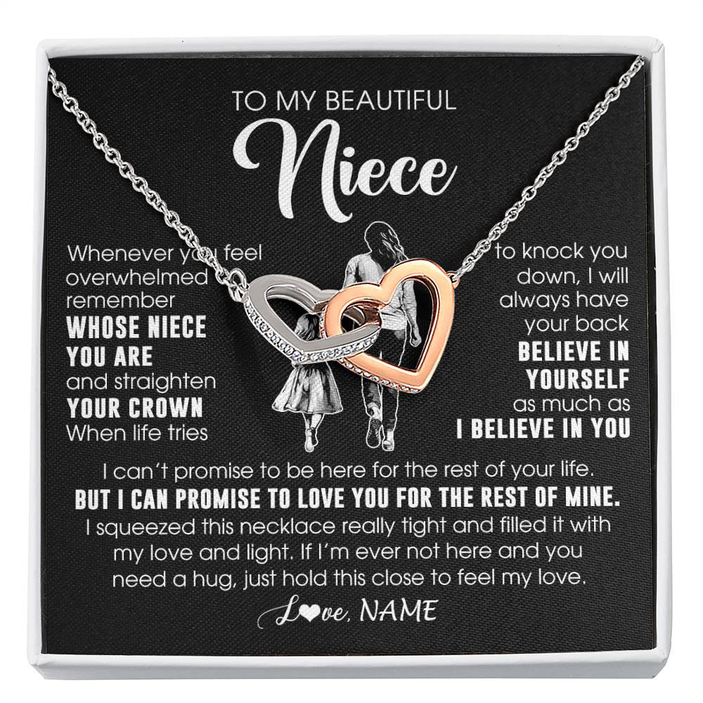 Interlocking Hearts Necklace Stainless Steel & Rose Gold Finish | 1 | Personalized To My Beautiful Niece Necklace From Aunt Believe In Yourself Niece Birthday Gifts Jewelry Graduation Christmas Customized Message Card | siriusteestore