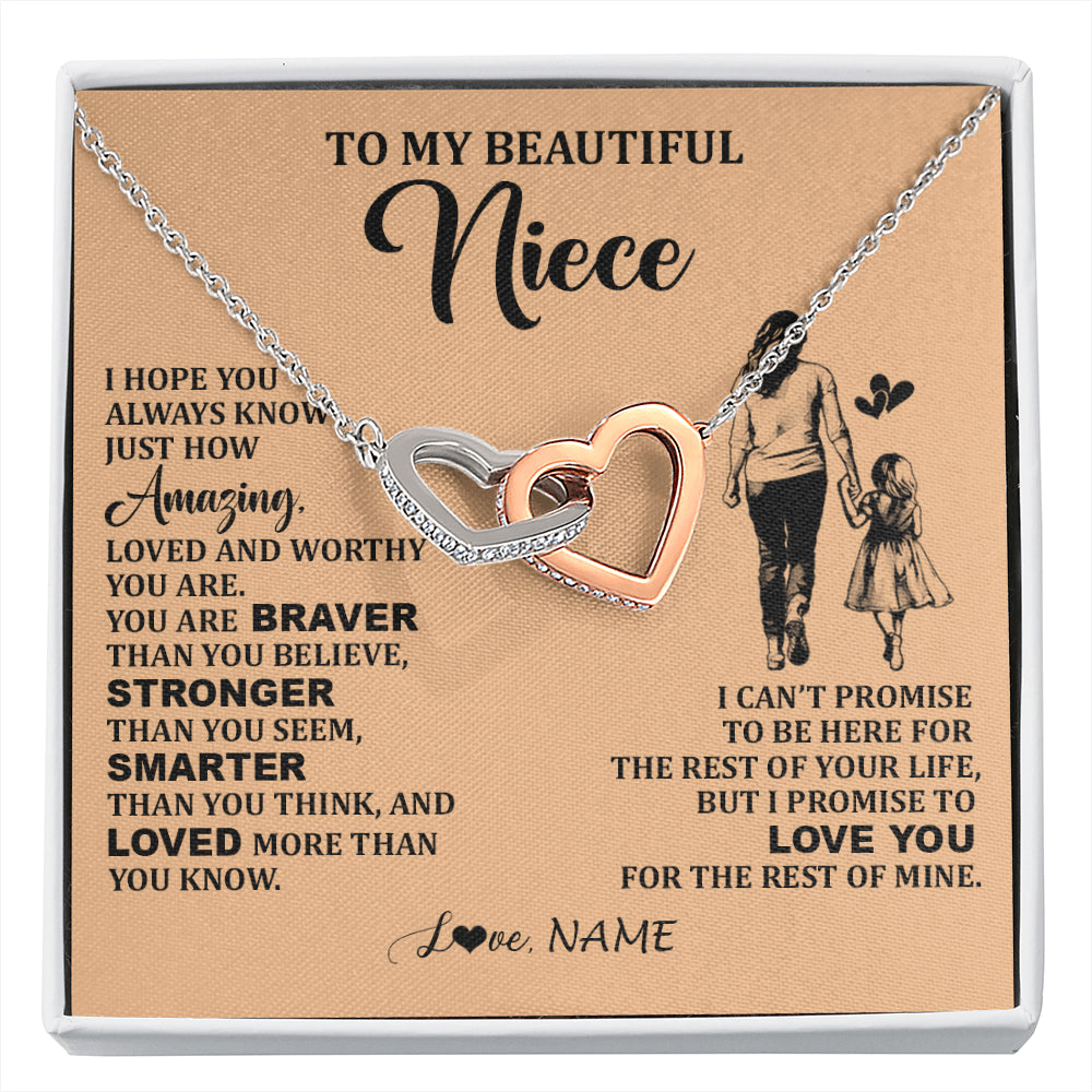 Interlocking Hearts Necklace Stainless Steel & Rose Gold Finish | 1 | Personalized To My Beautiful Niece Necklace From Aunt Promise To Love You Niece Birthday Valentines Day Graduation Christmas Customized Gift Box Message Card | siriusteestore