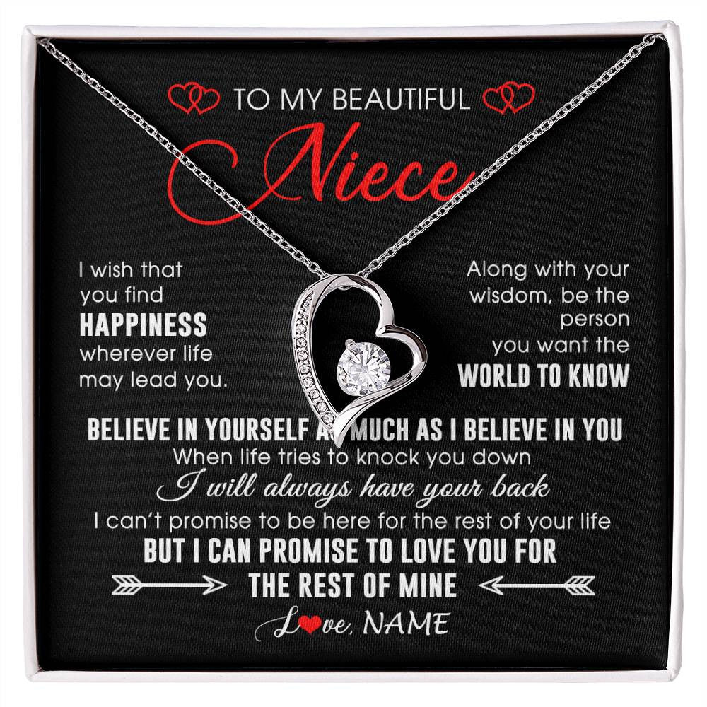 Forever Love Necklace 14K White Gold Finish | Personalized To My Beautiful Niece Necklace From Aunt Uncle Aunt Happiness Wherever Life Niece Birthday Graduation Christmas Customized Gift Box Message Card | siriusteestore