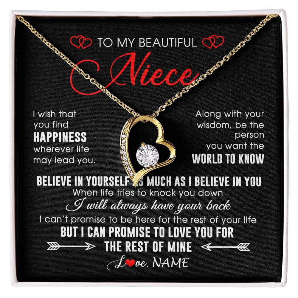 Forever Love Necklace 18K Yellow Gold Finish | Personalized To My Beautiful Niece Necklace From Aunt Uncle Aunt Happiness Wherever Life Niece Birthday Graduation Christmas Customized Gift Box Message Card | siriusteestore