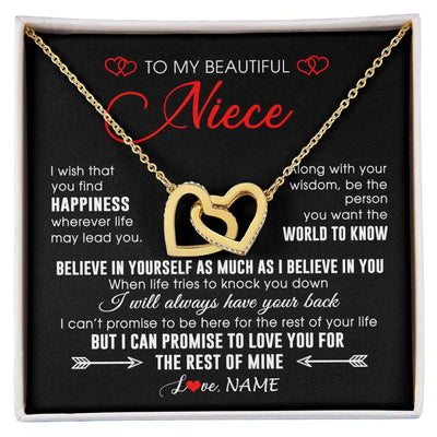 Interlocking Hearts Necklace 18K Yellow Gold Finish | Personalized To My Beautiful Niece Necklace From Aunt Uncle Aunt Happiness Wherever Life Niece Birthday Graduation Christmas Customized Gift Box Message Card | siriusteestore