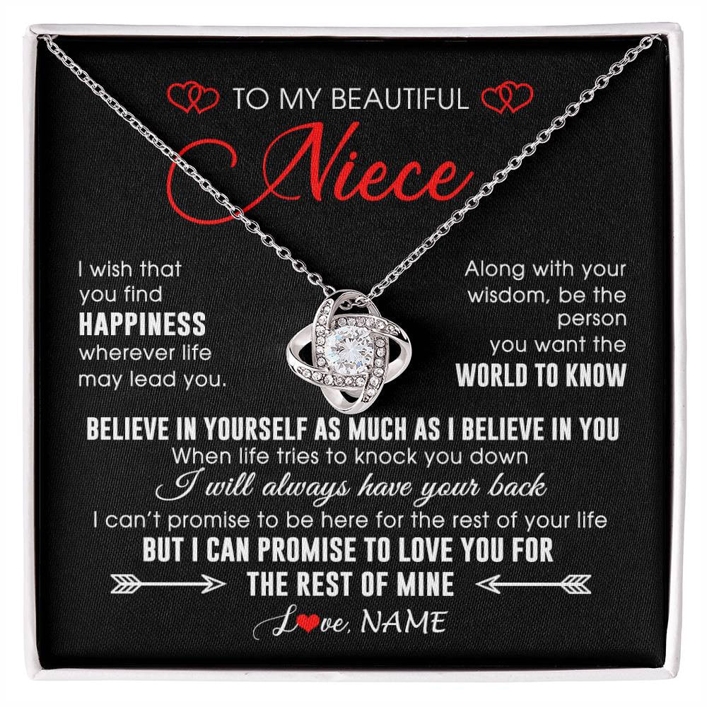 Love Knot Necklace 14K White Gold Finish | Personalized To My Beautiful Niece Necklace From Aunt Uncle Aunt Happiness Wherever Life Niece Birthday Graduation Christmas Customized Gift Box Message Card | siriusteestore