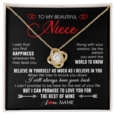 Love Knot Necklace 18K Yellow Gold Finish | Personalized To My Beautiful Niece Necklace From Aunt Uncle Aunt Happiness Wherever Life Niece Birthday Graduation Christmas Customized Gift Box Message Card | siriusteestore