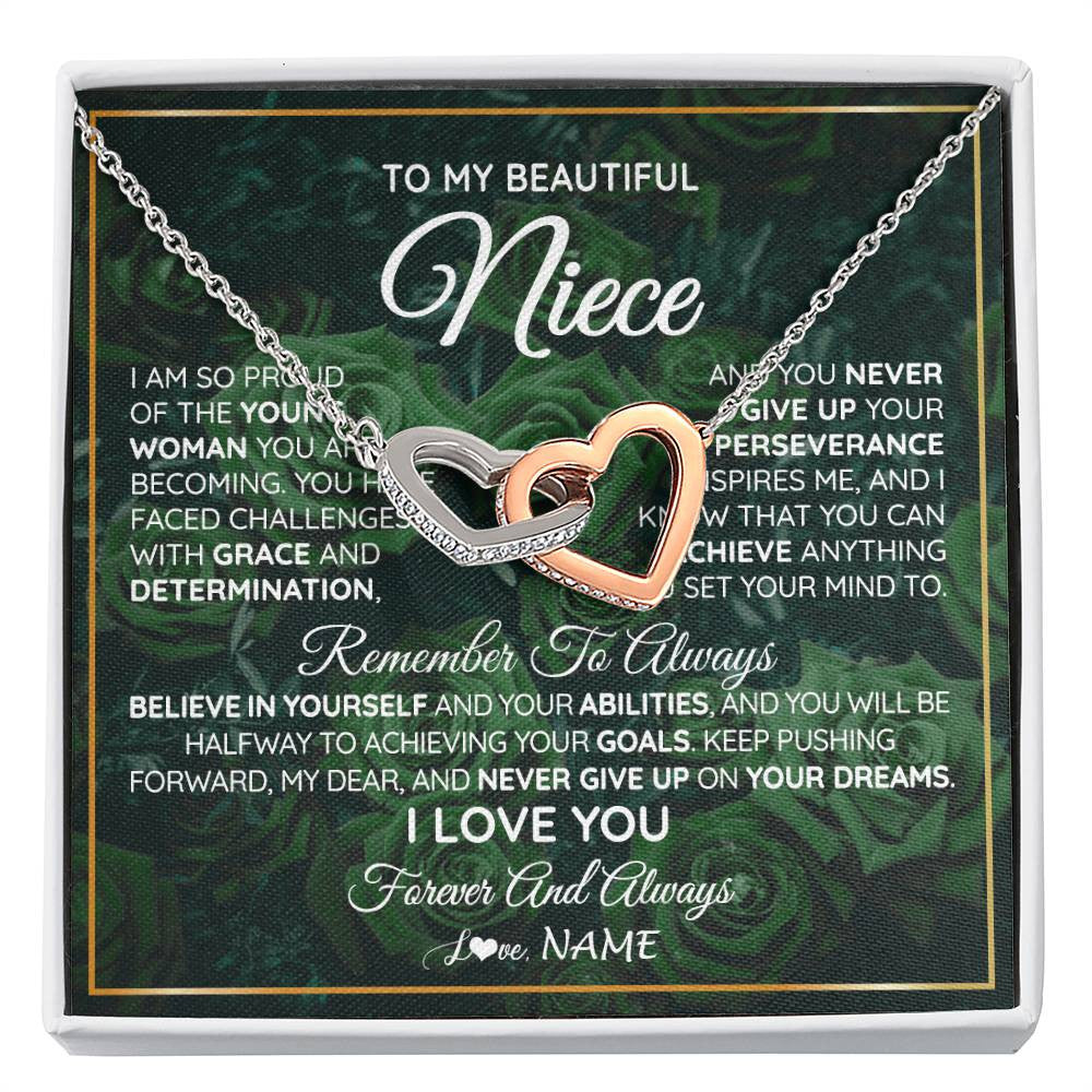 Interlocking Hearts Necklace Stainless Steel & Rose Gold Finish | Personalized To My Beautiful Niece Necklace From Aunt Uncle Aunt Never Give Up Niece Birthday Graduation Motivational Quote Customized Gift Box Message Card | siriusteestore