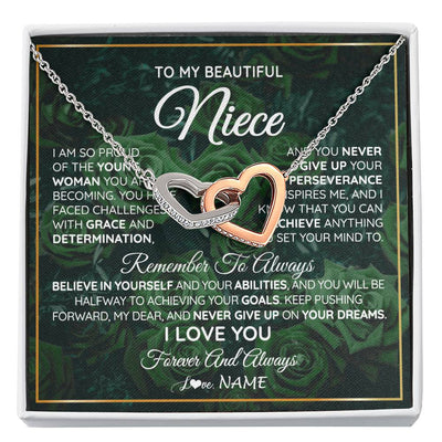Interlocking Hearts Necklace Stainless Steel & Rose Gold Finish | Personalized To My Beautiful Niece Necklace From Aunt Uncle Aunt Never Give Up Niece Birthday Graduation Motivational Quote Customized Gift Box Message Card | siriusteestore