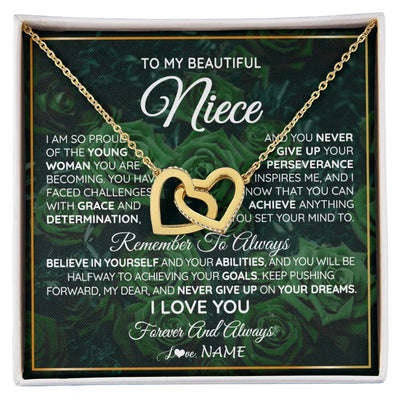 Interlocking Hearts Necklace 18K Yellow Gold Finish | Personalized To My Beautiful Niece Necklace From Aunt Uncle Aunt Never Give Up Niece Birthday Graduation Motivational Quote Customized Gift Box Message Card | siriusteestore