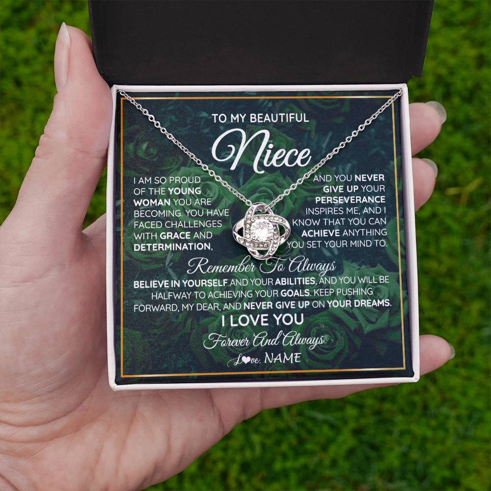 Love Knot Necklace 14K White Gold Finish | Personalized To My Beautiful Niece Necklace From Aunt Uncle Aunt Never Give Up Niece Birthday Graduation Motivational Quote Customized Gift Box Message Card | siriusteestore