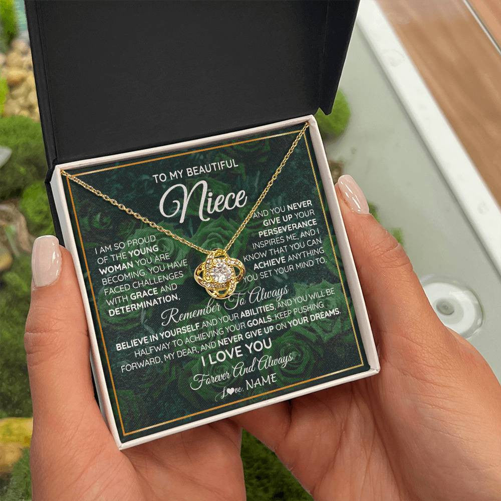 Love Knot Necklace 18K Yellow Gold Finish | Personalized To My Beautiful Niece Necklace From Aunt Uncle Aunt Never Give Up Niece Birthday Graduation Motivational Quote Customized Gift Box Message Card | siriusteestore