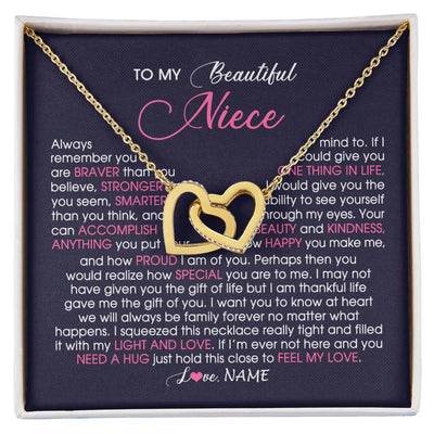 Interlocking Hearts Necklace 18K Yellow Gold Finish | Personalized To My Beautiful Niece Necklace From Aunt Uncle Auntie Feel My Love Niece Birthday Christmas Graduation Jewelry Customized Gift Box Message Card | siriusteestore