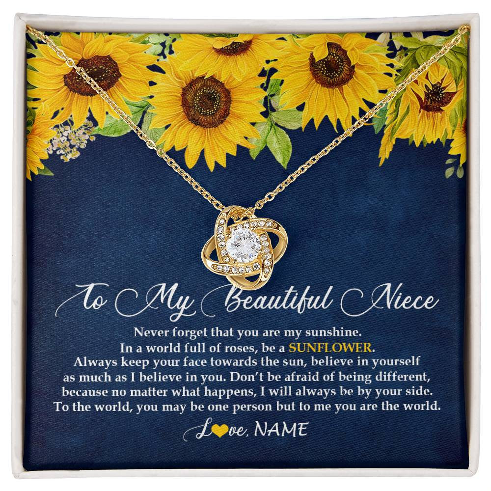 Love Knot Necklace 18K Yellow Gold Finish | Personalized To My Beautiful Niece Necklace From Aunt Uncle Be A Sunflower My Sunshine Niece Jewelry Birthday Christmas Customized Gift Box Message Card | siriusteestore