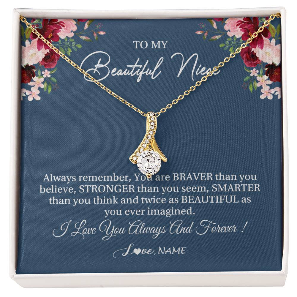 Alluring Beauty Necklace 18K Yellow Gold Finish | Personalized To My Beautiful Niece Necklace From Aunt Uncle Braver Stronger Smarter Niece Pendant Jewelry Birthday Graduation Christmas Customized Message Card | siriusteestore