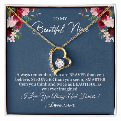 Forever Love Necklace 18K Yellow Gold Finish | Personalized To My Beautiful Niece Necklace From Aunt Uncle Braver Stronger Smarter Niece Pendant Jewelry Birthday Graduation Christmas Customized Message Card | siriusteestore