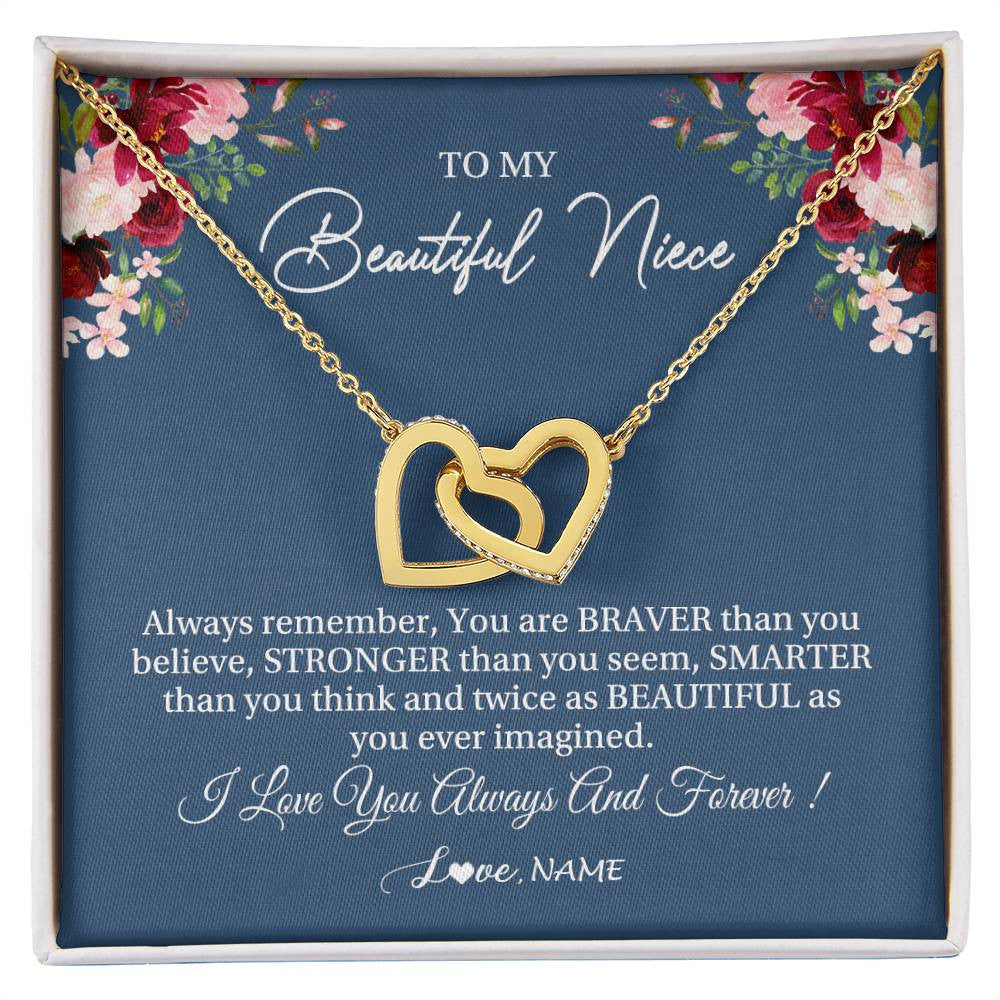 Interlocking Hearts Necklace 18K Yellow Gold Finish | Personalized To My Beautiful Niece Necklace From Aunt Uncle Braver Stronger Smarter Niece Pendant Jewelry Birthday Graduation Christmas Customized Message Card | siriusteestore