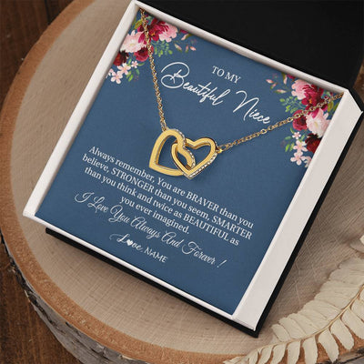 Interlocking Hearts Necklace 18K Yellow Gold Finish | Personalized To My Beautiful Niece Necklace From Aunt Uncle Braver Stronger Smarter Niece Pendant Jewelry Birthday Graduation Christmas Customized Message Card | siriusteestore