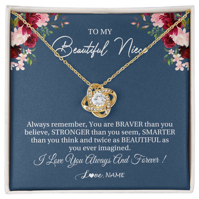 Love Knot Necklace 18K Yellow Gold Finish | Personalized To My Beautiful Niece Necklace From Aunt Uncle Braver Stronger Smarter Niece Pendant Jewelry Birthday Graduation Christmas Customized Message Card | siriusteestore