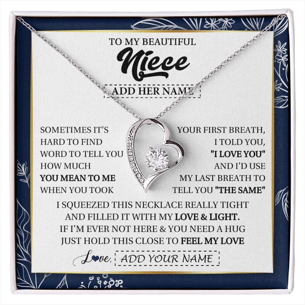 Forever Love Necklace 14K White Gold Finish | 1 | Personalized To My Beautiful Niece Necklace From Aunt Uncle Feel My Love Valentine Gifts For Niece Birthday Graduation Christmas Custom Gift Box Message Card | https://siriusteestore.