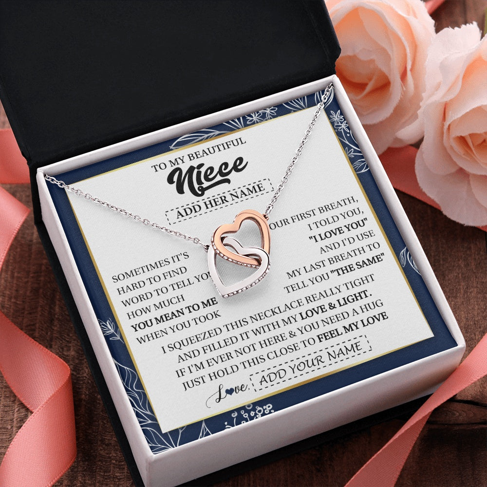Interlocking Hearts Necklace Stainless Steel & Rose Gold Finish | 2 | Personalized To My Beautiful Niece Necklace From Aunt Uncle Feel My Love Valentine Gifts For Niece Birthday Graduation Christmas Custom Gift Box Message Card | https://siriusteestore.