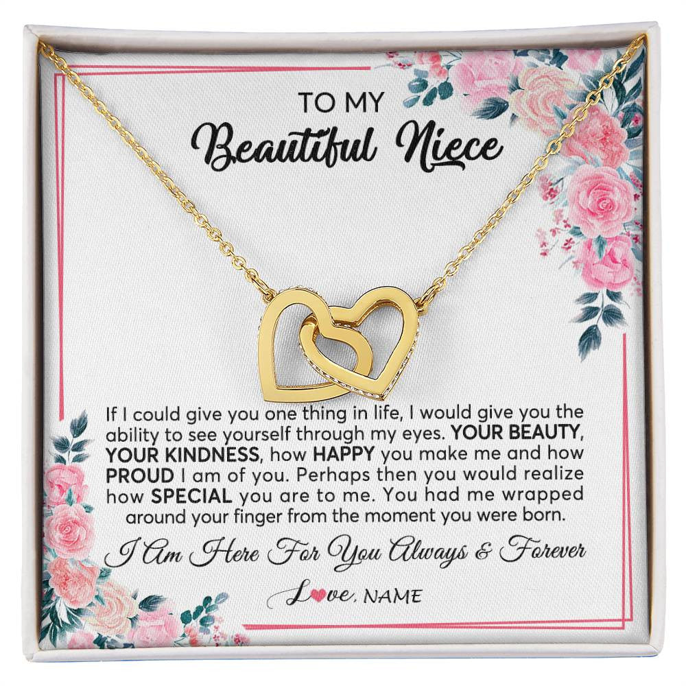 Interlocking Hearts Necklace 18K Yellow Gold Finish | 1 | Personalized To My Beautiful Niece Necklace From Aunt Uncle I Am Here For You Floral Niece Jewelry Pendant Birthday Christmas Customized Message Card | siriusteestore