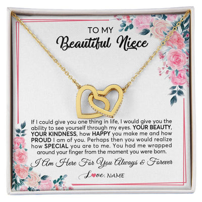 Interlocking Hearts Necklace 18K Yellow Gold Finish | 1 | Personalized To My Beautiful Niece Necklace From Aunt Uncle I Am Here For You Floral Niece Jewelry Pendant Birthday Christmas Customized Message Card | siriusteestore