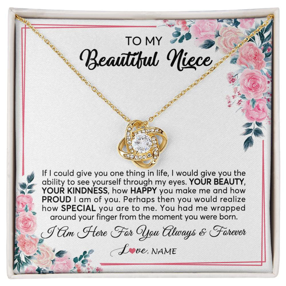 Love Knot Necklace 18K Yellow Gold Finish | 1 | Personalized To My Beautiful Niece Necklace From Aunt Uncle I Am Here For You Floral Niece Jewelry Pendant Birthday Christmas Customized Message Card | siriusteestore