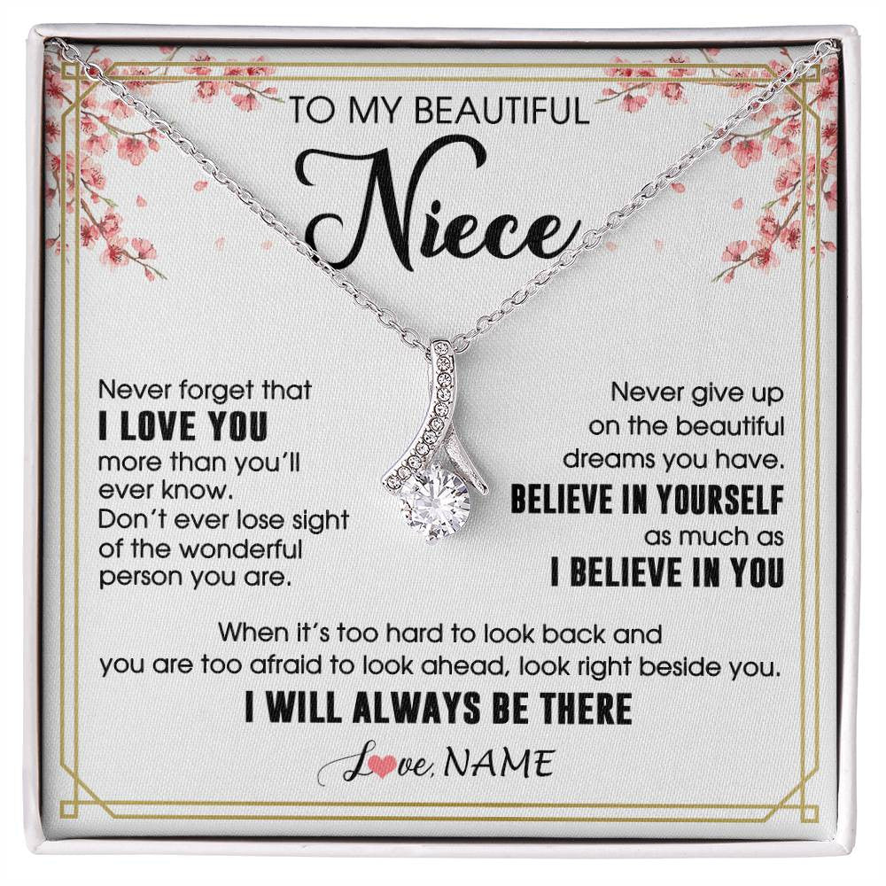 Alluring Beauty Necklace 14K White Gold Finish | 1 | Personalized To My Beautiful Niece Necklace From Aunt Uncle I Love You Believe In You Niece Birthday Graduation Christmas Customized Gift Box Message Card | siriusteestore