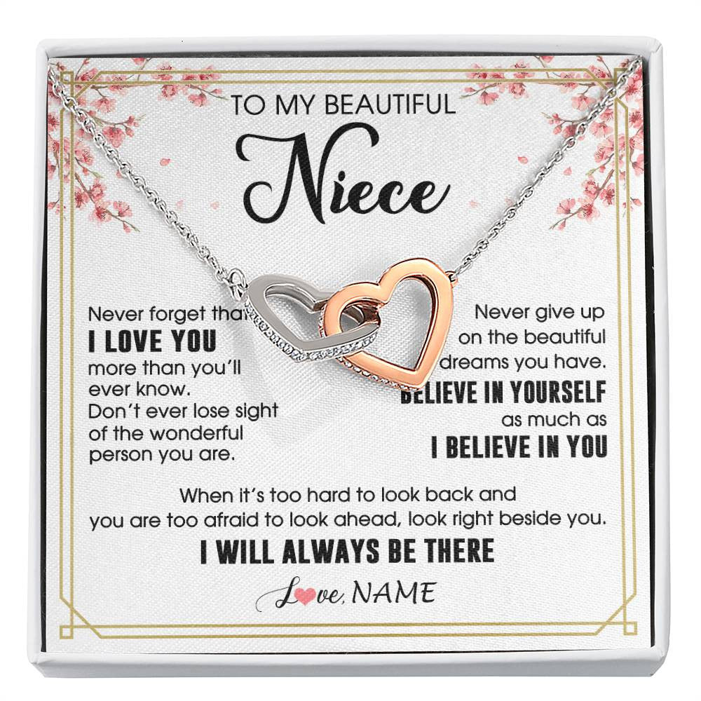 Interlocking Hearts Necklace Stainless Steel & Rose Gold Finish | 1 | Personalized To My Beautiful Niece Necklace From Aunt Uncle I Love You Believe In You Niece Birthday Graduation Christmas Customized Gift Box Message Card | siriusteestore