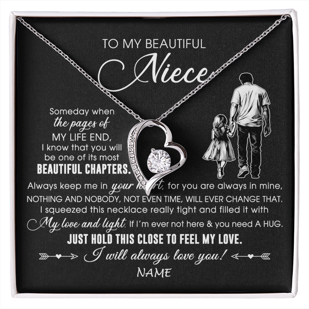 Forever Love Necklace 14K White Gold Finish | 1 | Personalized To My Beautiful Niece Necklace From Uncle Always Love You Niece Birthday Graduation Christmas Customized Gift Box Message Card | siriusteestore