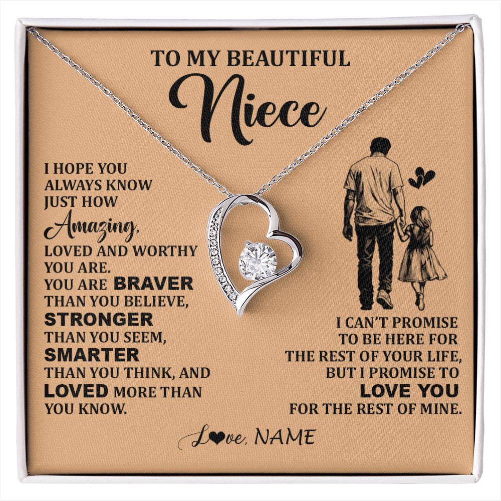 Forever Love Necklace 14K White Gold Finish | 1 | Personalized To My Beautiful Niece Necklace From Uncle Promise To Love You Niece Birthday Valentines Day Graduation Christmas Customized Gift Box Message Card | siriusteestore