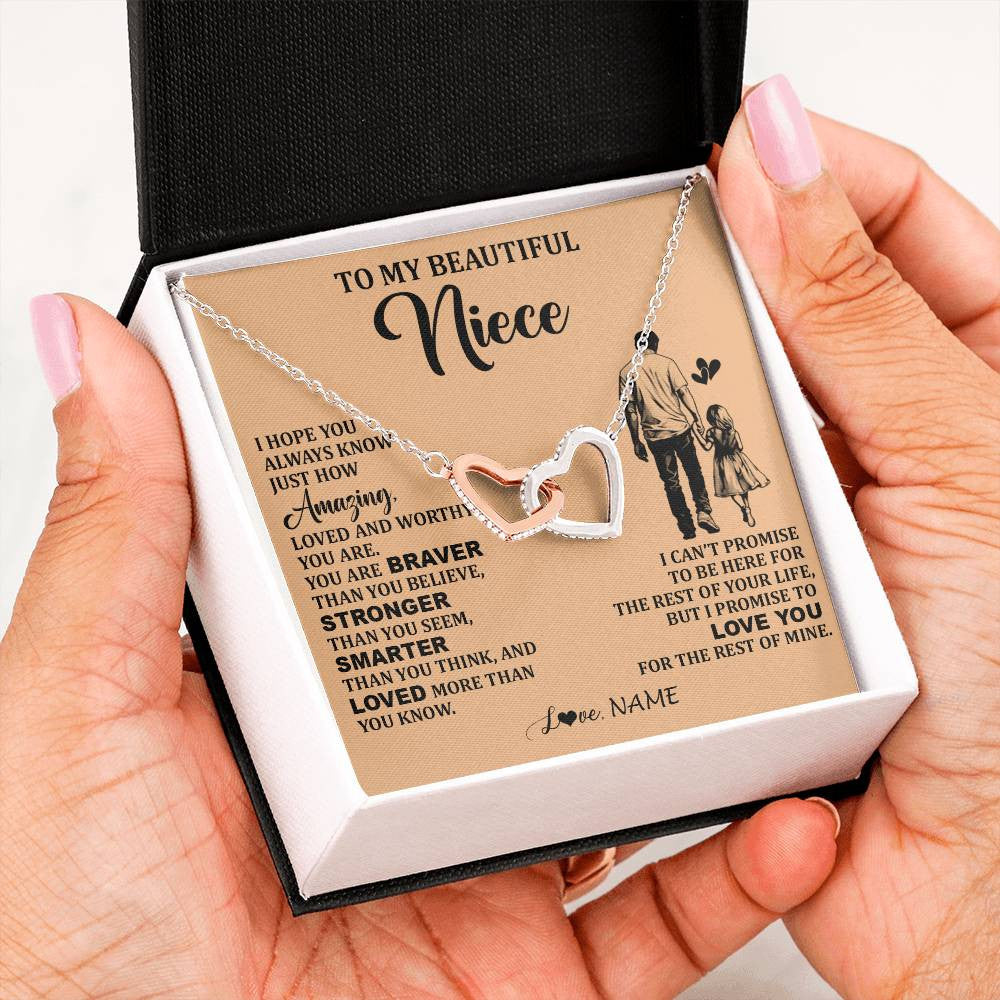 Interlocking Hearts Necklace Stainless Steel & Rose Gold Finish | 2 | Personalized To My Beautiful Niece Necklace From Uncle Promise To Love You Niece Birthday Valentines Day Graduation Christmas Customized Gift Box Message Card | siriusteestore