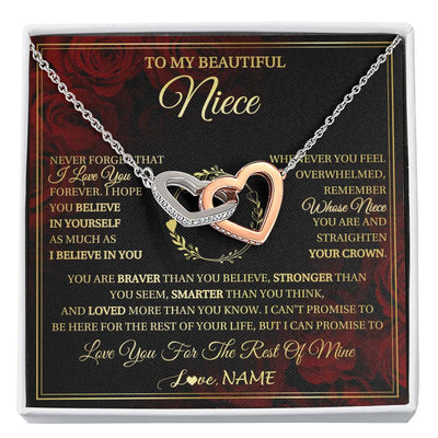Interlocking Hearts Necklace Stainless Steel & Rose Gold Finish | 1 | Personalized To My Beautiful Niece Necklace Gift From Aunt Uncle I Love You Niece Birthday Jewelry Gifts Graduation Christmas Customized Gift Box Message Card | siriusteestore