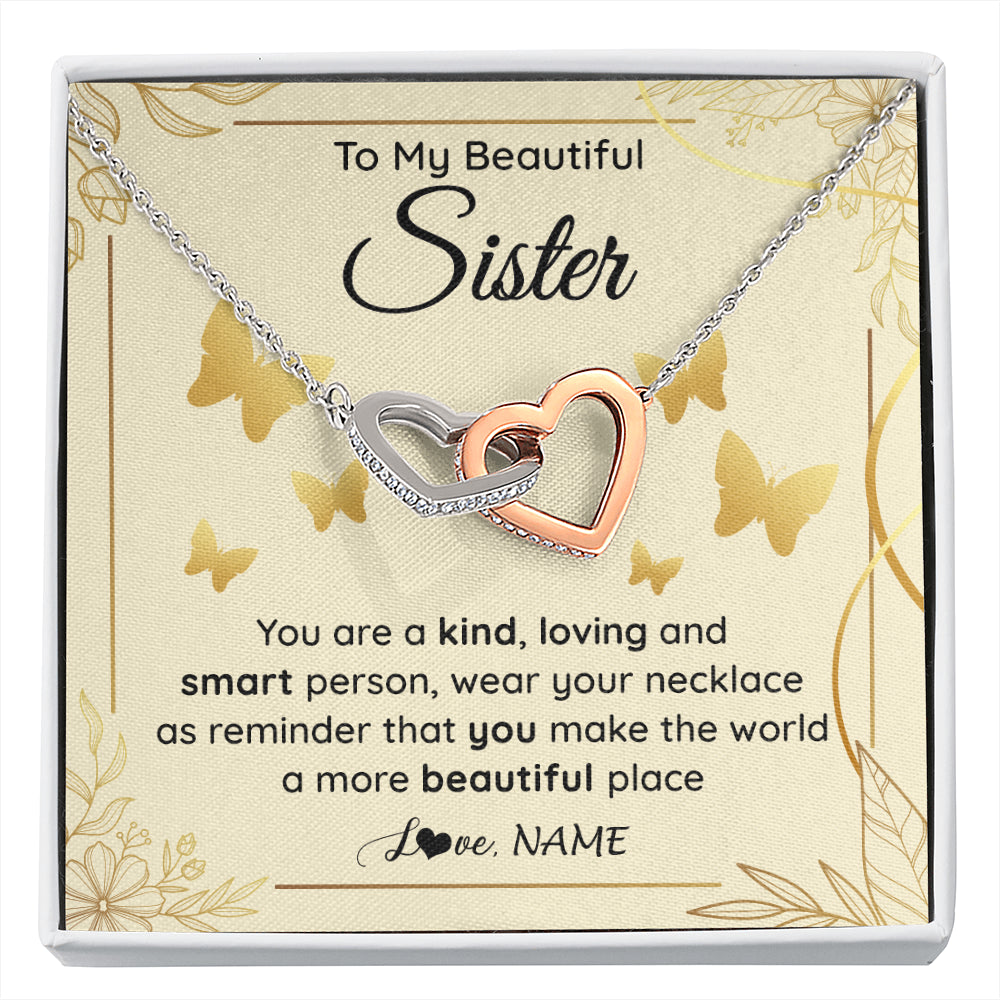Interlocking Hearts Necklace Stainless Steel & Rose Gold Finish | 1 | Personalized To My Beautiful Sister Necklace From Brother You Are A Kind Loving Sister Birthday Gifts Jewelry Christmas Customized Gift Box Message Card | siriusteestore