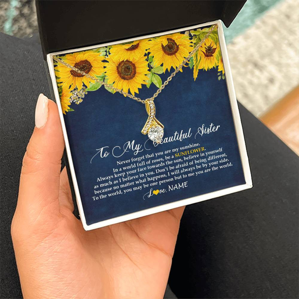 Alluring Beauty Necklace 18K Yellow Gold Finish | Personalized To My Beautiful Sister Necklace From Sister Brother Be A Sunflower My Sunshine Sister Birthday Christmas Customized Gift Box Message Card | siriusteestore