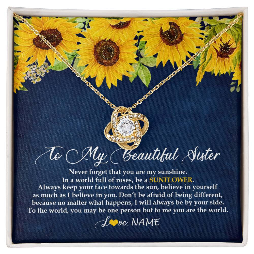 Love Knot Necklace 18K Yellow Gold Finish | Personalized To My Beautiful Sister Necklace From Sister Brother Be A Sunflower My Sunshine Sister Birthday Christmas Customized Gift Box Message Card | siriusteestore