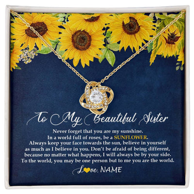 Love Knot Necklace 18K Yellow Gold Finish | Personalized To My Beautiful Sister Necklace From Sister Brother Be A Sunflower My Sunshine Sister Birthday Christmas Customized Gift Box Message Card | siriusteestore