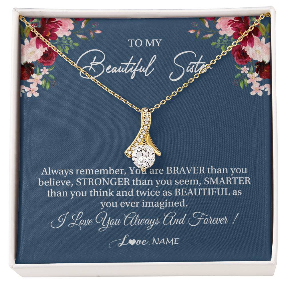 Alluring Beauty Necklace 18K Yellow Gold Finish | Personalized To My Beautiful Sister Necklace From Sister Brother Braver Stronger Smarter Sister Pendant Jewelry Birthday Christmas Customized Message Card | siriusteestore