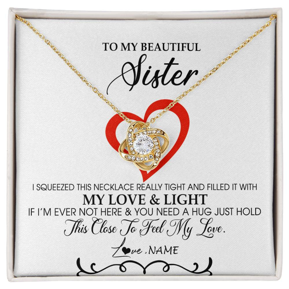 Love Knot Necklace 18K Yellow Gold Finish | Personalized To My Beautiful Sister Necklace From Sister Brother Filled With My Love and Light Sister Pendant Jewelry Birthday Christmas Customized Message Card | siriusteestore