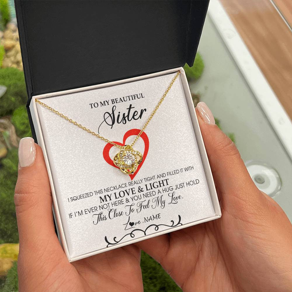 Love Knot Necklace 18K Yellow Gold Finish | Personalized To My Beautiful Sister Necklace From Sister Brother Filled With My Love and Light Sister Pendant Jewelry Birthday Christmas Customized Message Card | siriusteestore