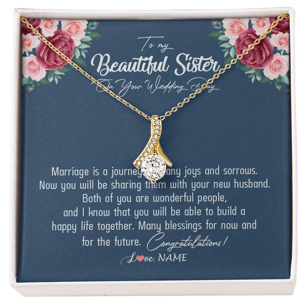 Alluring Beauty Necklace 18K Yellow Gold Finish | Personalized To My Beautiful Sister Necklace On Her Wedding Day Congratulations Jewelry Sister Birthday Anniversary Christmas Customized Gift Box Message Card | siriusteestore
