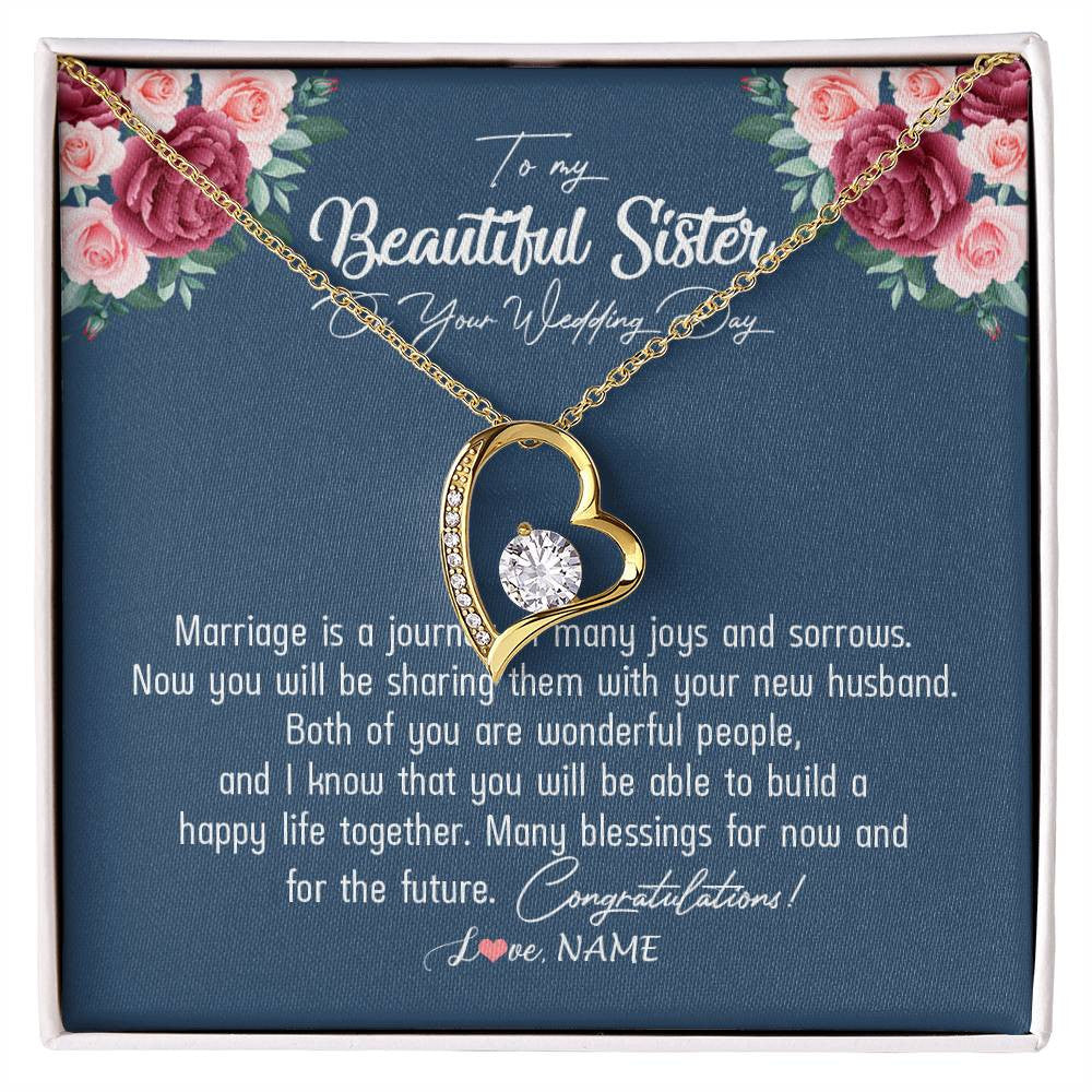 Forever Love Necklace 18K Yellow Gold Finish | Personalized To My Beautiful Sister Necklace On Her Wedding Day Congratulations Jewelry Sister Birthday Anniversary Christmas Customized Gift Box Message Card | siriusteestore