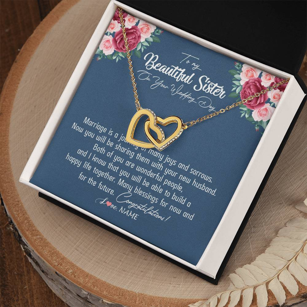 Interlocking Hearts Necklace 18K Yellow Gold Finish | Personalized To My Beautiful Sister Necklace On Her Wedding Day Congratulations Jewelry Sister Birthday Anniversary Christmas Customized Gift Box Message Card | siriusteestore