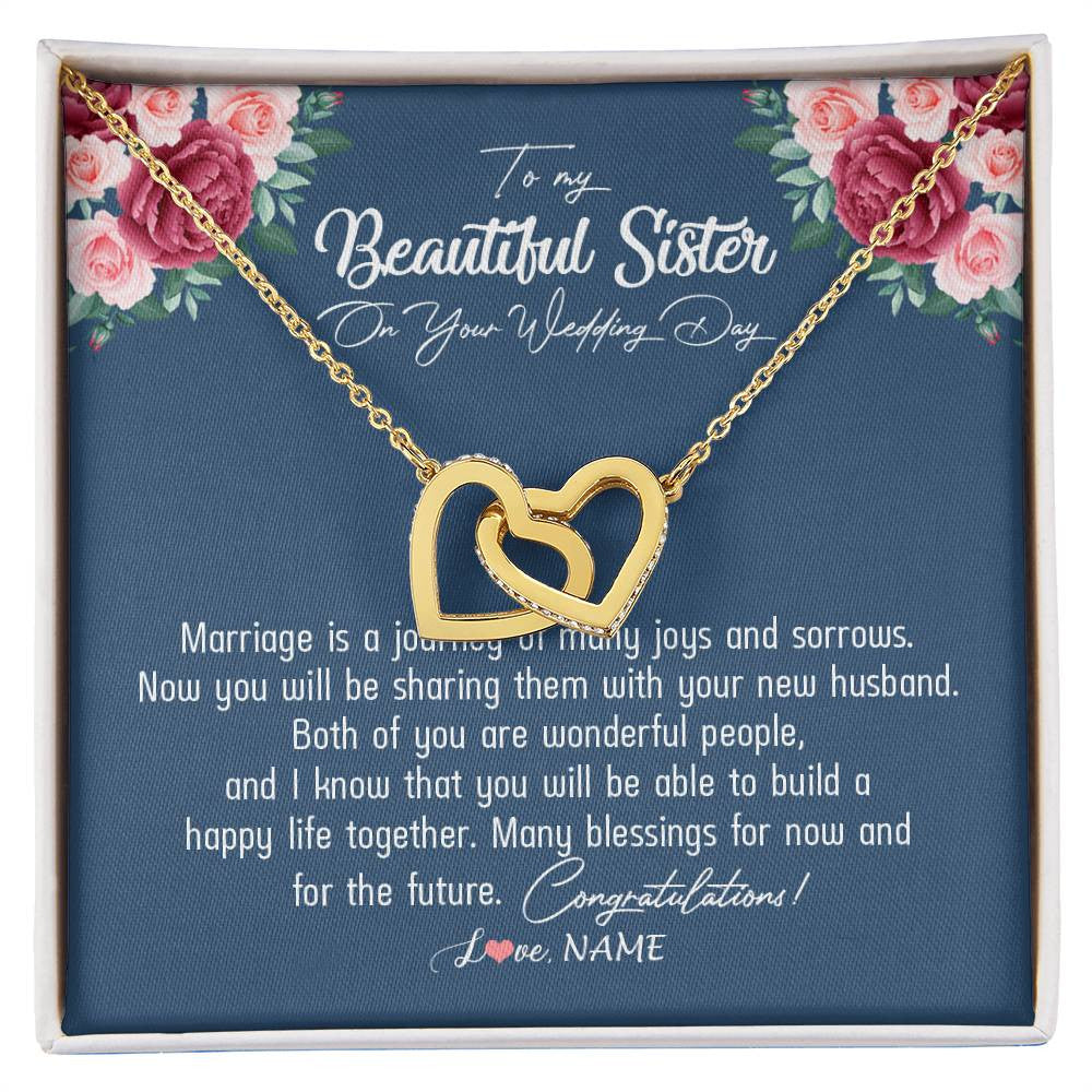 Interlocking Hearts Necklace 18K Yellow Gold Finish | Personalized To My Beautiful Sister Necklace On Her Wedding Day Congratulations Jewelry Sister Birthday Anniversary Christmas Customized Gift Box Message Card | siriusteestore