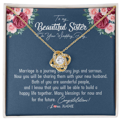 Love Knot Necklace 18K Yellow Gold Finish | Personalized To My Beautiful Sister Necklace On Her Wedding Day Congratulations Jewelry Sister Birthday Anniversary Christmas Customized Gift Box Message Card | siriusteestore