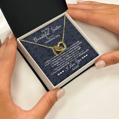 Interlocking Hearts Necklace 18K Yellow Gold Finish | 2 | Personalized To My Beautiful Sister On Your Wedding Day Necklace To Bride From Sister Little Sis Pendant Jewelry Customized Gift Box Message Card | siriusteestore
