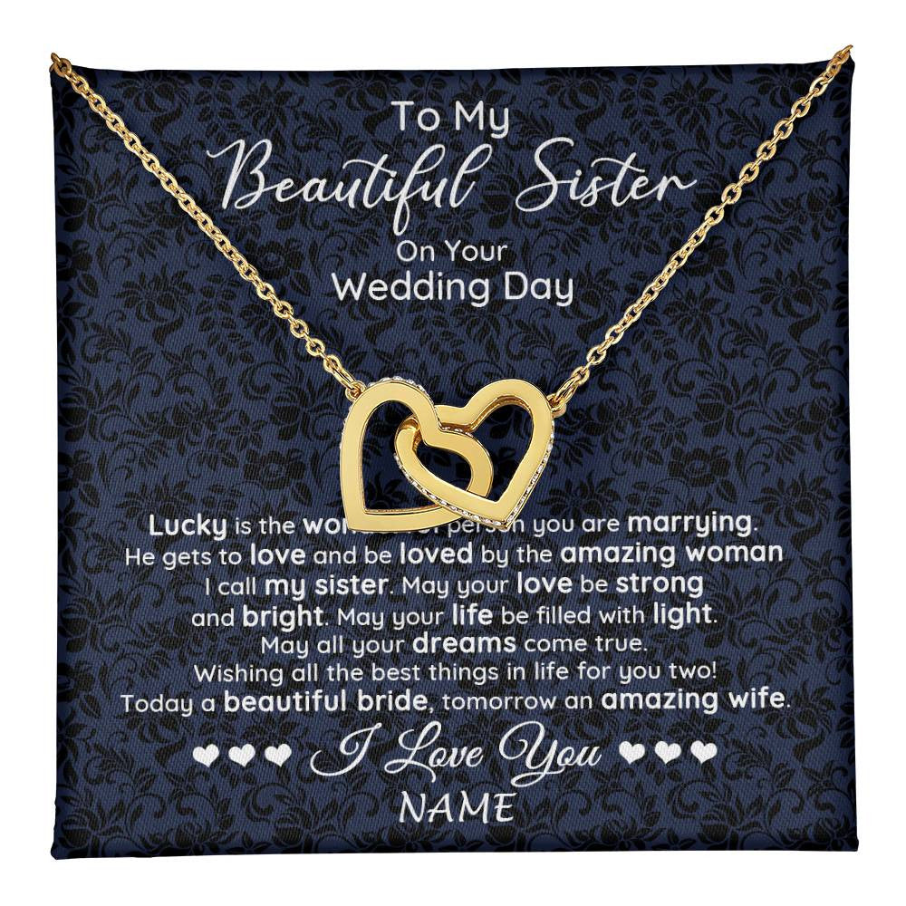 Interlocking Hearts Necklace 18K Yellow Gold Finish | 1 | Personalized To My Beautiful Sister On Your Wedding Day Necklace To Bride From Sister Little Sis Pendant Jewelry Customized Gift Box Message Card | siriusteestore