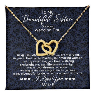 Interlocking Hearts Necklace 18K Yellow Gold Finish | 1 | Personalized To My Beautiful Sister On Your Wedding Day Necklace To Bride From Sister Little Sis Pendant Jewelry Customized Gift Box Message Card | siriusteestore