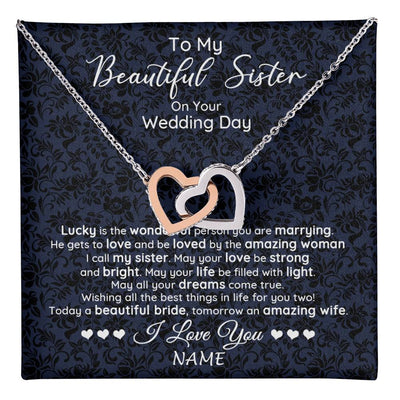 Interlocking Hearts Necklace Stainless Steel & Rose Gold Finish | 1 | Personalized To My Beautiful Sister On Your Wedding Day Necklace To Bride From Sister Little Sis Pendant Jewelry Customized Gift Box Message Card | siriusteestore